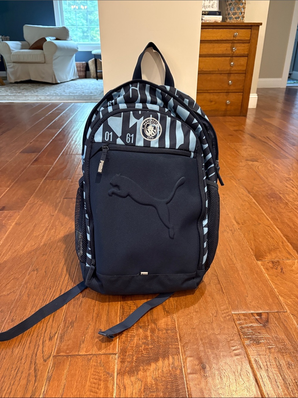 Puma Manchester City Black and Light Blue Striped Logo Backpack